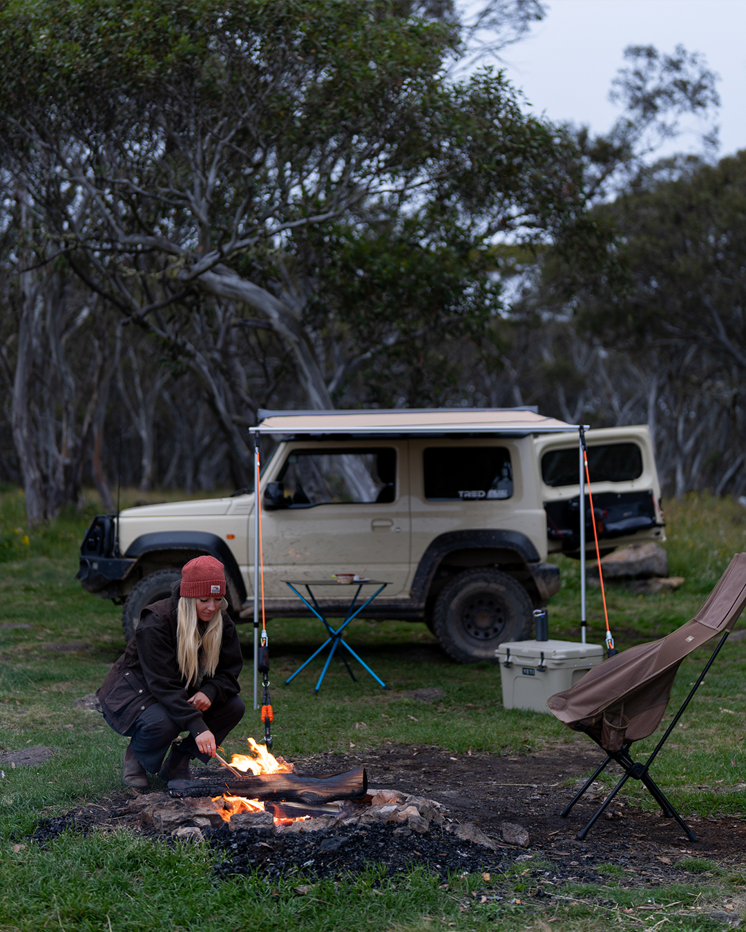 Getting fire going with awning setup on car at camp | Camping Accessories | Sleeping in a swag | Camping | Tiegear Guy Rope | Sail Track Loops