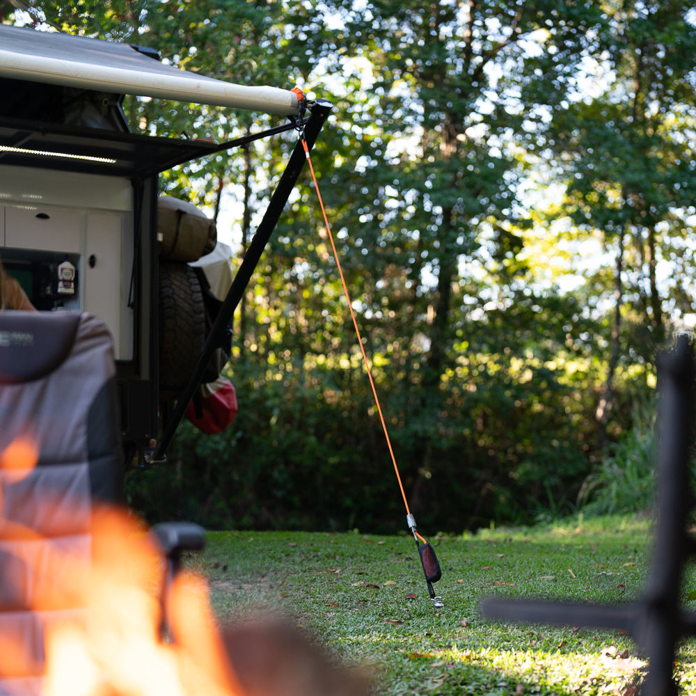 Guy Rope setup on caravan awning at campsite | Tiegear Guy Rope | Tiegear Caravan Pack
