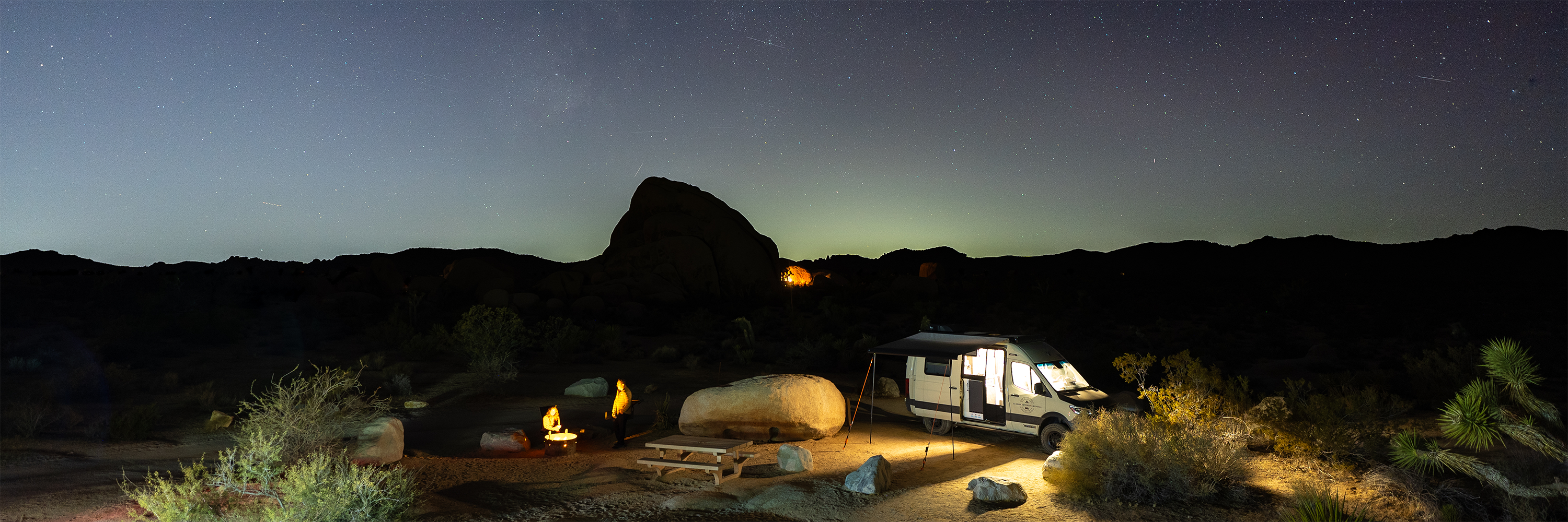 Camping under the stars sitting around the fire in the desert | Van camping | Awning Accessories | Camping Accessories | Tiegear Guy Rope | Screw in Pegs 