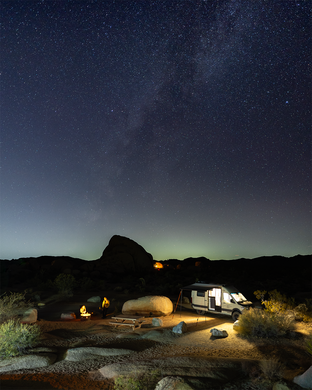 Camping under the stars sitting around the fire in the desert | Van camping | Awning Accessories | Camping Accessories | Tiegear Guy Rope | Screw in Pegs 